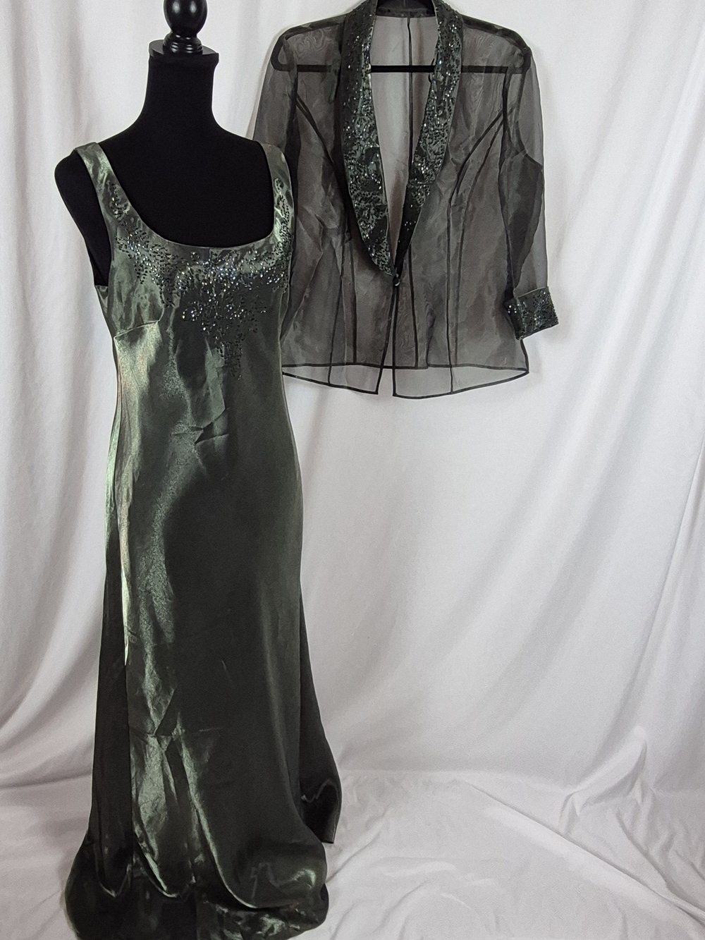 Alex Evenings Y2K Metallic Green Satin Gown w/ Matching Jacket - Vtg 14 / Mod 10 - Picture 4 of 16